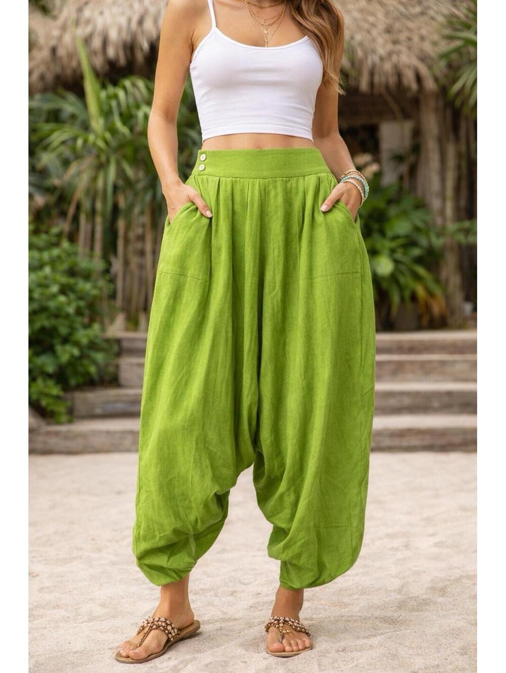Rhea Malibu Harem Pants Green Apple Boho Balloon Elastic Waist NWT S/M A22